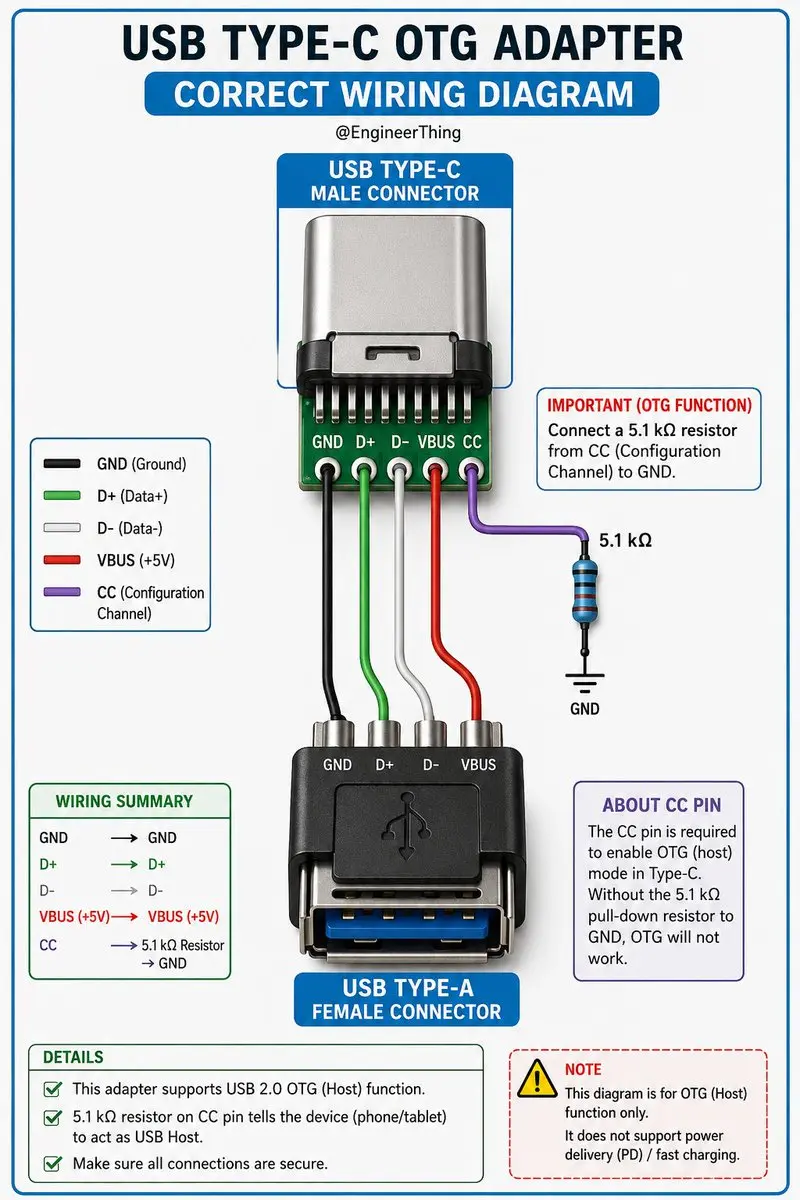 USB-Type C OTG转换头接线方法